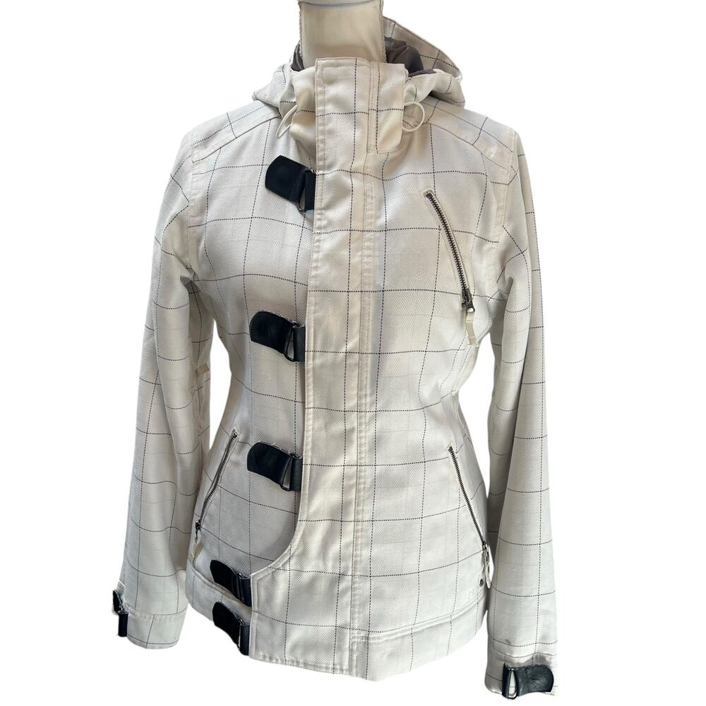 Burton DryRide White Plaid Hooded Ski Snowboard Jacket Women’s M Faux Fur